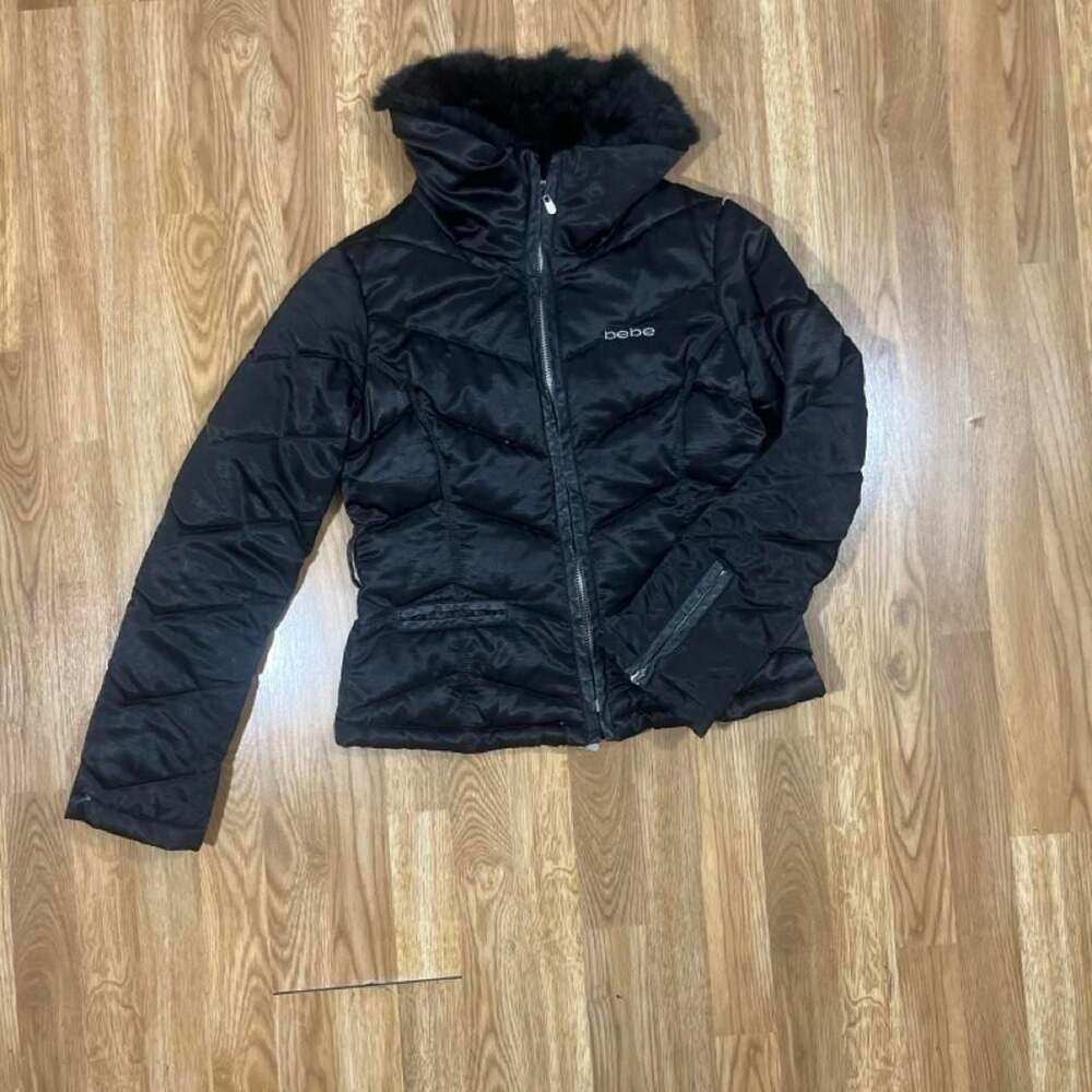Vintage Bebe Y2K Satin Puffer Jacket with Faux Fur Trim
